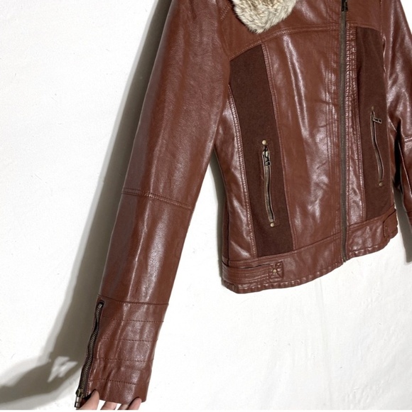 Simons Twik Brown Faux Leather Full Zip Jacket W Faux Fur Trim S - Picture 8 of 15